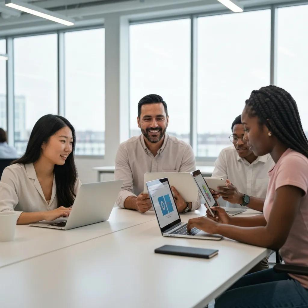 A team actively collaborating using the embedportal.com software across multiple devices in a modern office environment.