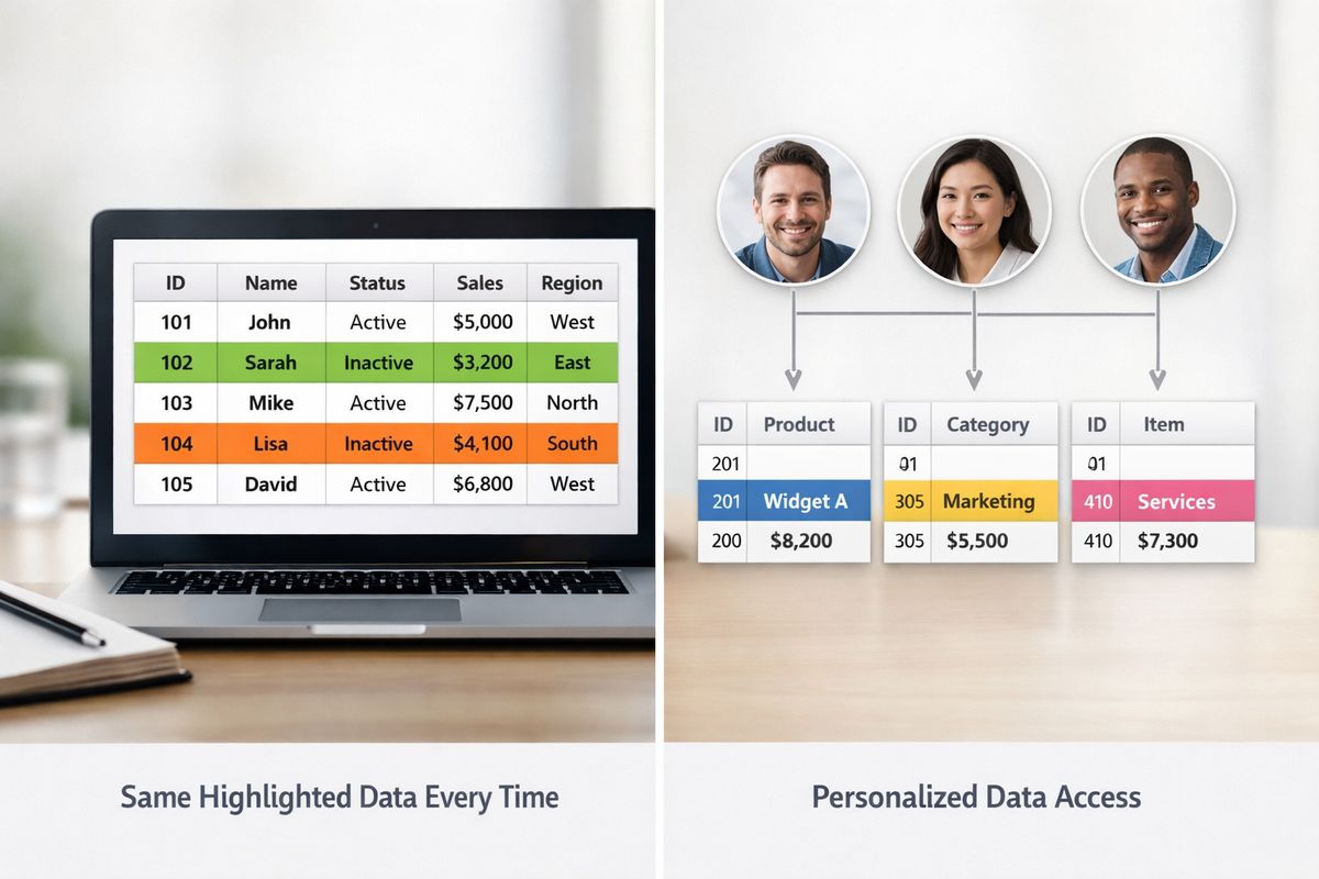 A split illustration showing two data access setups: on one side, a fixed set of colored data rows being highlighted the same way every time; on the other, a table of user identities connected by lines to different data slices, with the highlighted rows changing by person.