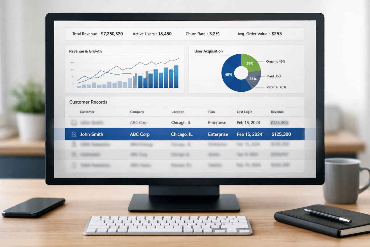 A secure analytics screen showing the same set of charts and tables for every user, with one visible customer record row highlighted while neighboring rows are dimmed or hidden behind a data-filtered layer, suggesting row-level security controlling what appears on the shared dashboard