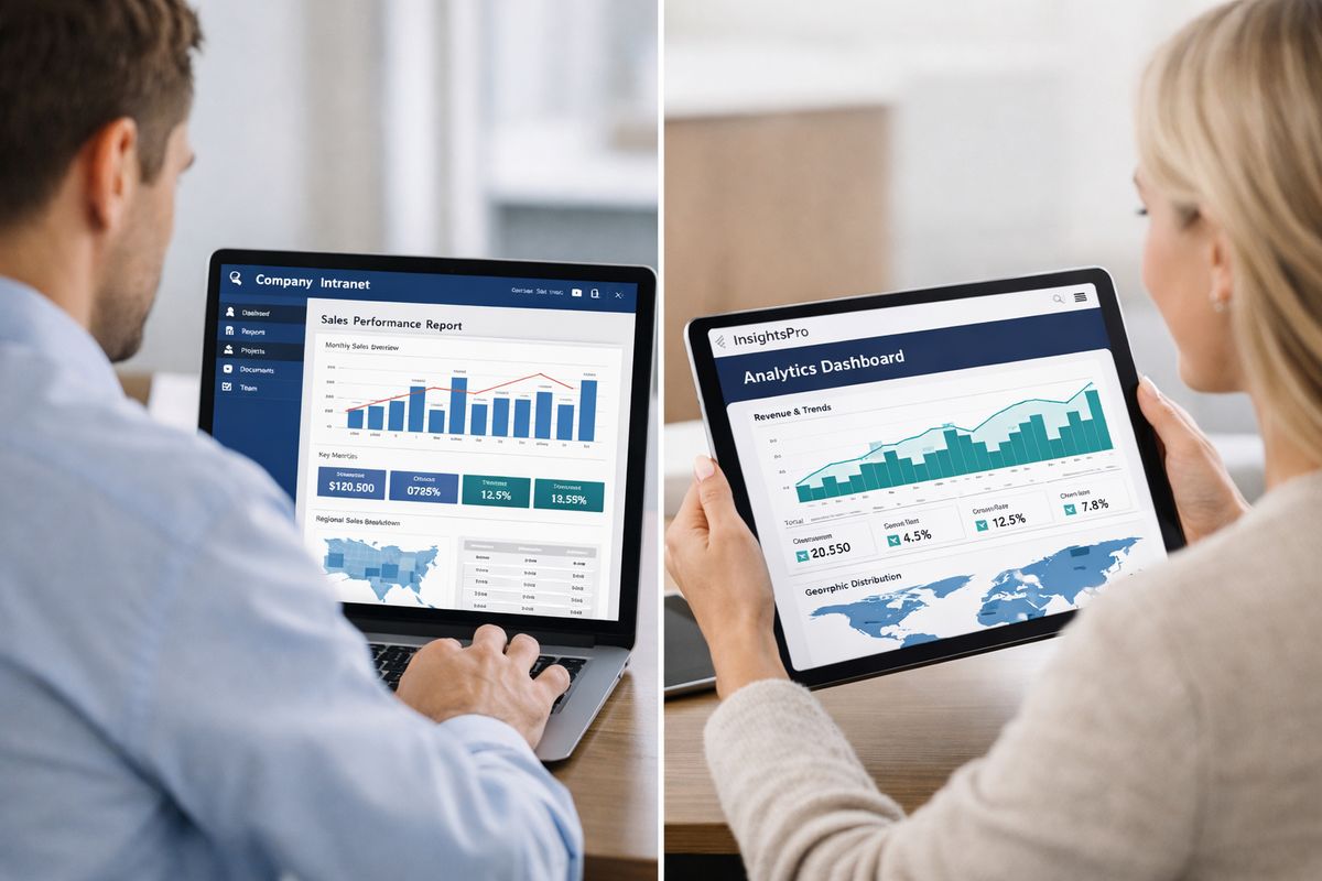 A split-screen scene showing two different app experiences: on one side, an employee viewing a report inside an internal business portal with company-style navigation; on the other, a customer viewing a branded analytics page inside a SaaS portal, with the report framed inside the product interface and no visible Microsoft-style chrome