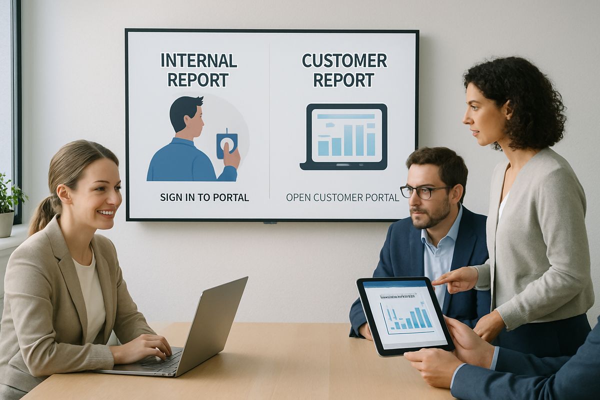 An office team gathered around a laptop and a wall-mounted screen, comparing two different report-access setups: one employee signing into an internal portal with a badge while another opens a customer portal on a separate tablet