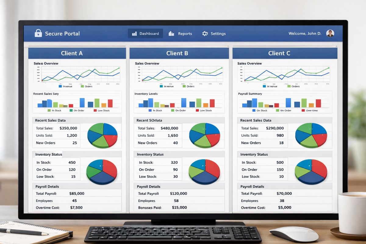Power BI Row-Level Security Explained for Embedded Apps A secure web portal page showing one shared sales dashboard split into separate customer views, with the same charts and tables displayed in three side-by-side panels while each panel shows different sales, inventory, and payroll rows on the screen
