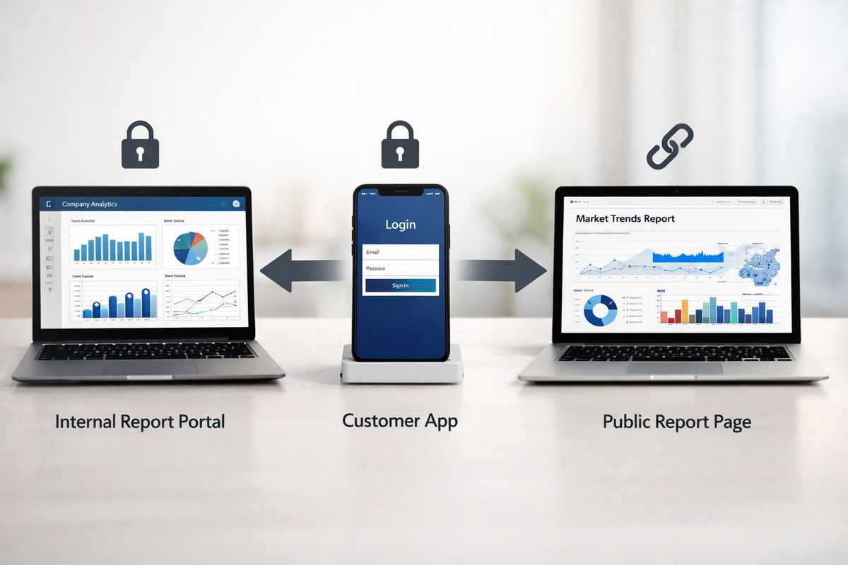 How to Embed a Power BI Report in Your Web App A three-way decision scene with a secure internal report portal, a customer-facing app embedding a report behind a login screen, and a public report page shown openly in a browser window, with a lock icon near the first two and an open link symbol near the public one