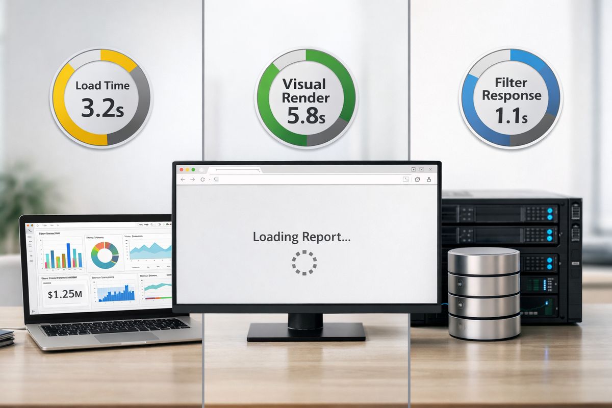 A split-screen technical workflow showing a Power BI report page on one side, a database server feeding data on the other, and a browser window with a loading embedded report frame in the center, with three separate timing indicators suggesting load time, visual rendering, and filter response being compared