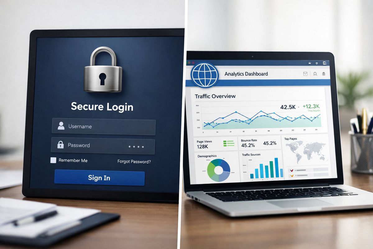 A secure analytics portal shown with a locked sign-in screen on one side and a publicly accessible report page on the other, with a padlock on the secure side and an open globe-style web page on the public side