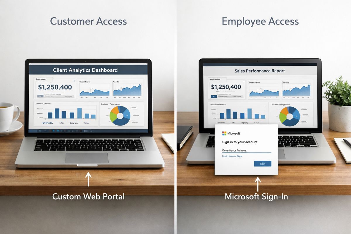 A side-by-side visual of two secure data access setups: on the left, a custom web application portal displaying embedded analytics panels for outside customers; on the right, an internal employee portal showing the same report accessible through a Microsoft sign-in flow, with distinct access paths leading to the visuals