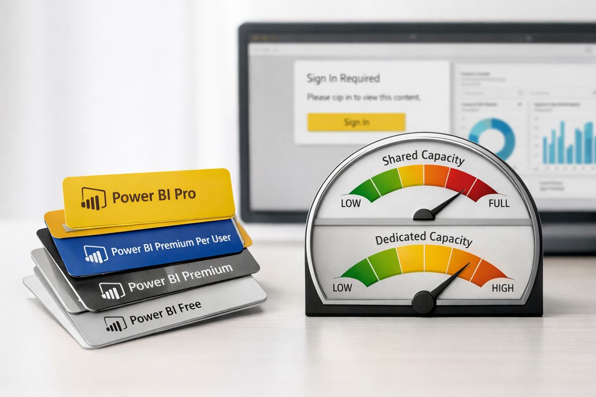 How External Users Break Power BI Embeds—and How to Stop It A stack of different Power BI license cards next to a capacity meter gauge showing one tier near full and a larger tier with more headroom, with a customer access screen in the background prompting sign-in for some viewers and opening cleanly for others