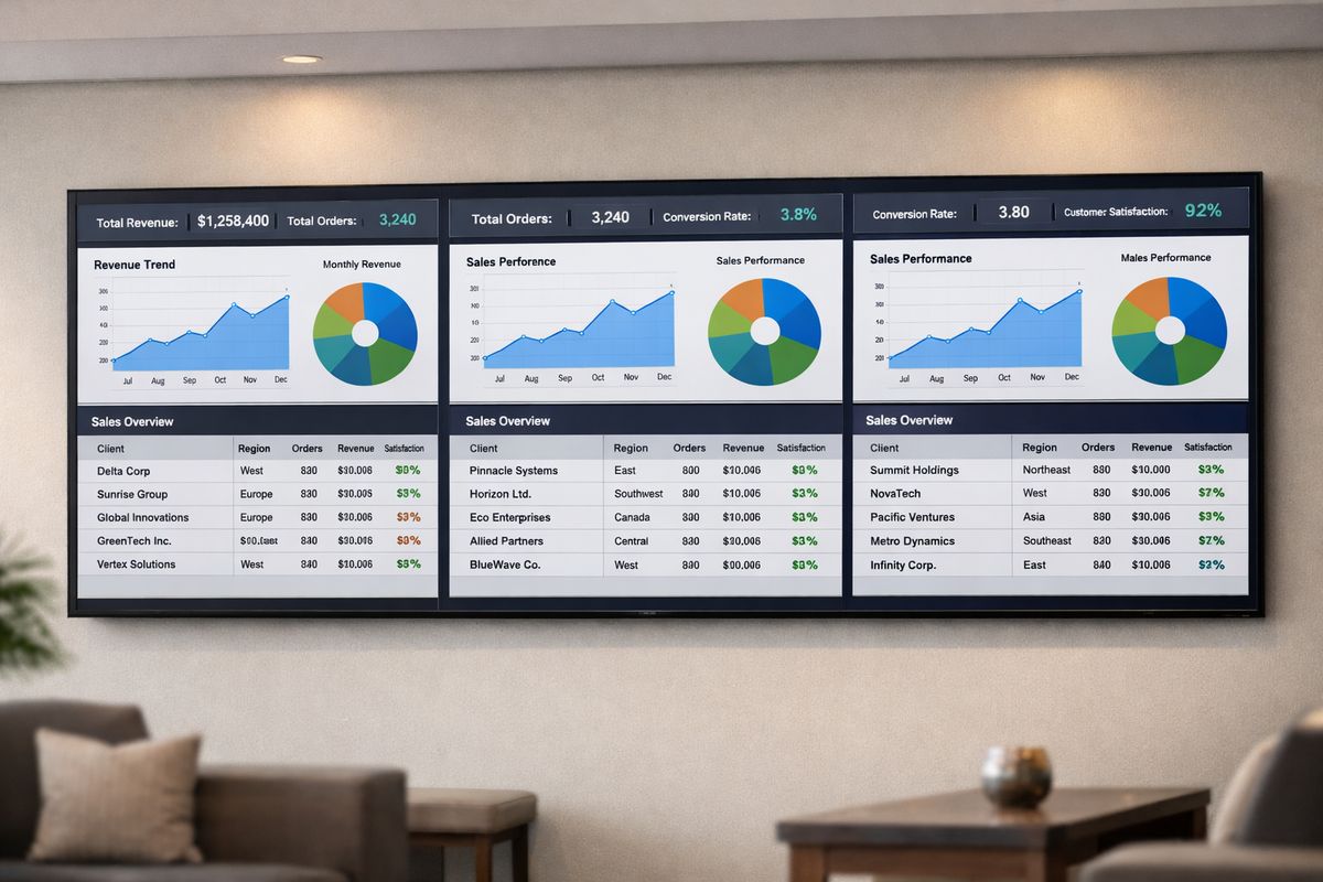 A large wall-mounted analytics screen in a hotel lobby-style setting, with the same set of charts and tables shown in three separate panes, each pane displaying different rows of sales records for different organizations while the surrounding interface stays identical.