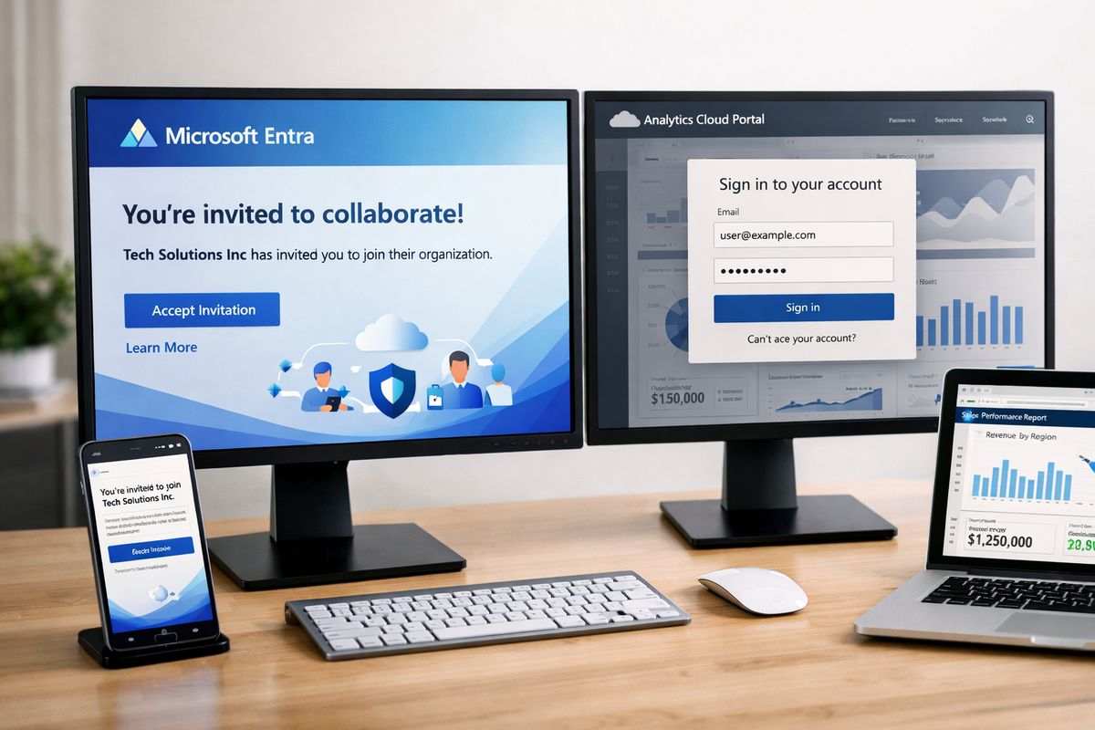 A Microsoft Entra-style invitation screen on a desktop monitor beside a second screen showing an external user signing into a cloud analytics portal, with an email invitation visible on a phone and a report preview opened in a browser window.
