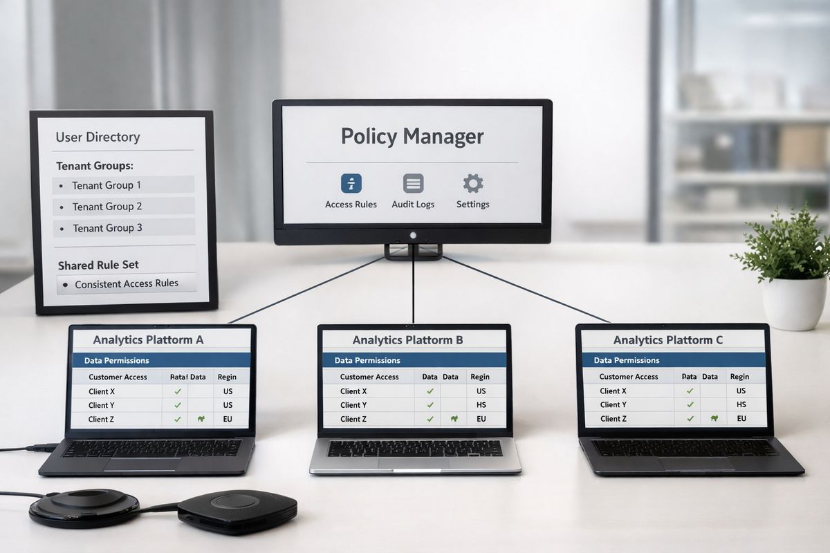 Centralized RLS for Embedded Analytics Teams A clean access-control workspace showing one central policy manager connected by lines to three different analytics platforms, each displaying the same customer-specific data permissions, alongside a user directory with grouped tenant mappings and a single shared rule set being applied across them