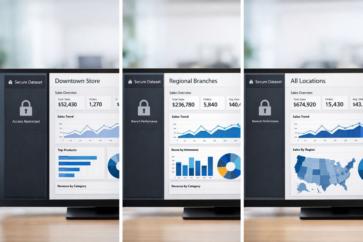 A split-screen style analytics interface showing the same dashboard filtered three different ways: one view limited to a single store location, one to several regional branches, and one to all locations, with secure access controls implied by locked dataset panels beside the reports