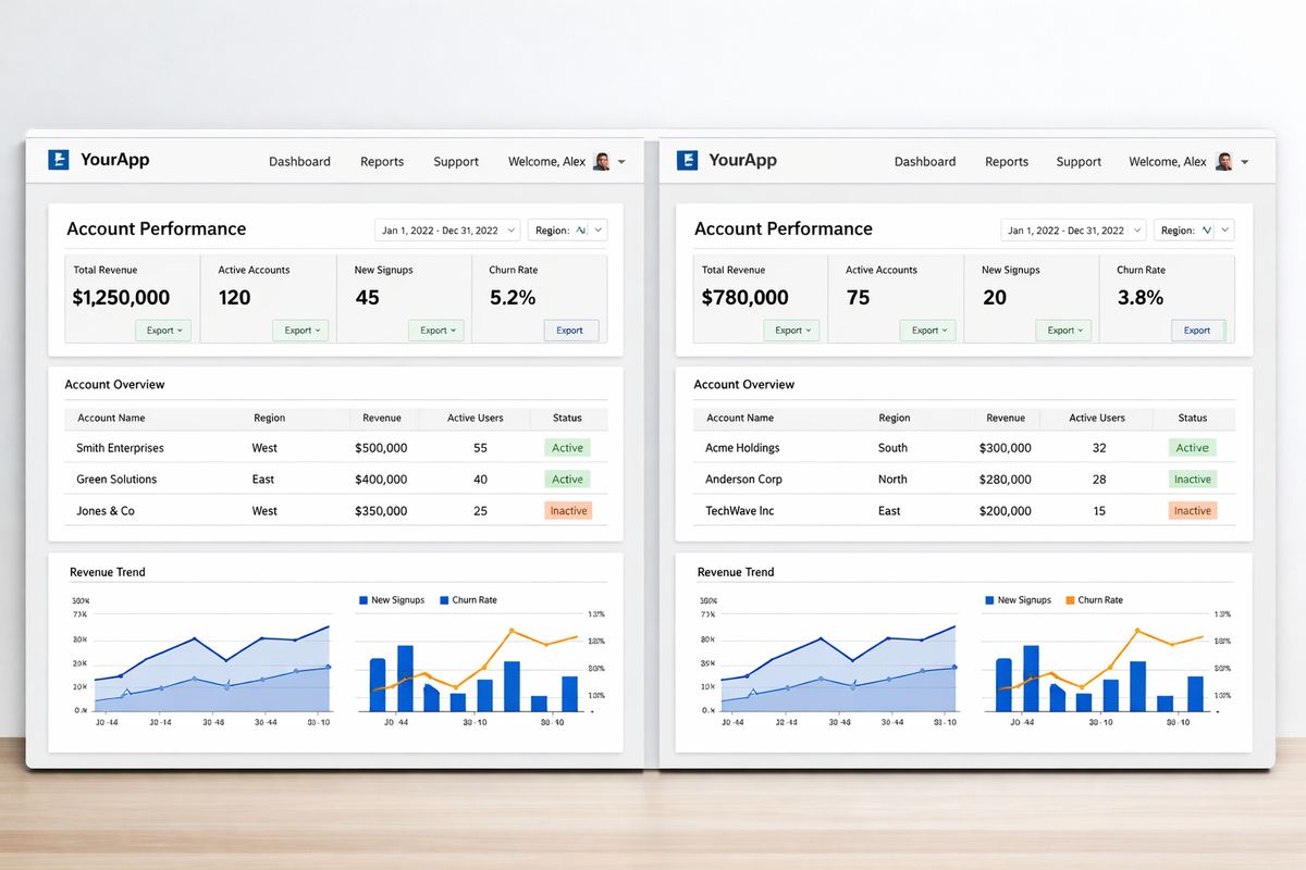 A product interface showing an embedded analytics report inside a customer-facing web app, with the same dashboard appearing in two different tenant views side by side, each view limited to different rows of account data while the surrounding app shell stays the same