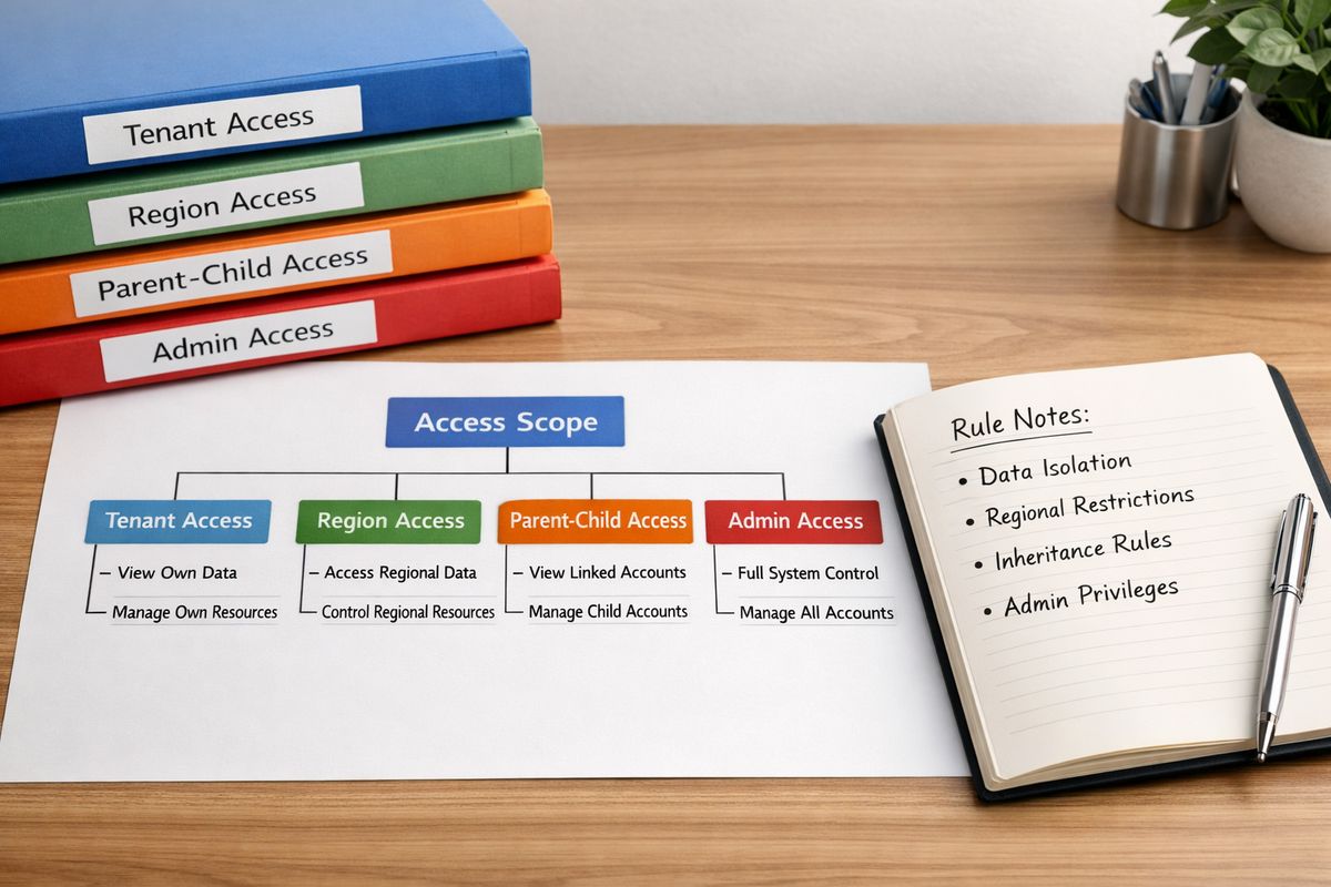 RLS Best Practices for External Users A neatly organized flowchart on a desk with stacked folders labeled by access scope, showing separate branches for tenant access, region access, parent-child account access, and admin access, with a simple notebook open to handwritten rule notes beside it.