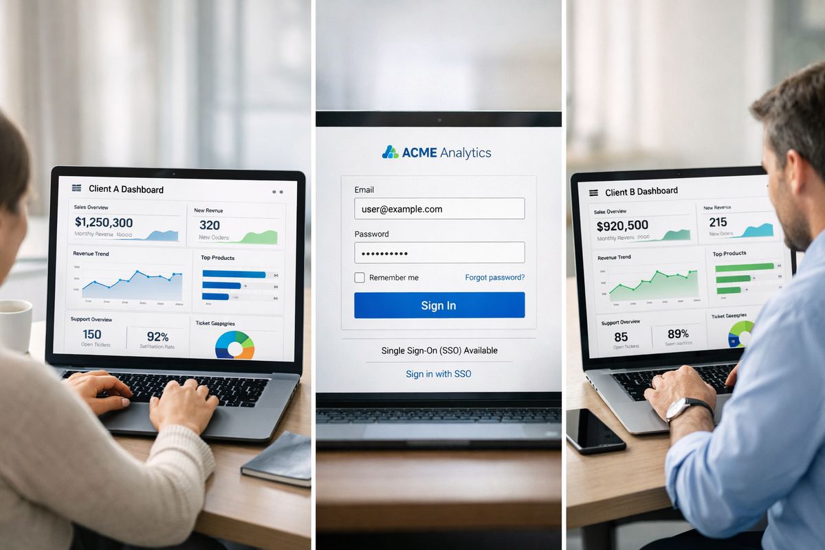 User Management for BI: What Teams Need A secure analytics interface showing the same dashboard for different customer accounts, with one view displaying only a single tenant’s sales and support metrics while another view shows a different tenant’s filtered data, alongside an identity sign-in flow connected to the product rather than a separate BI login.