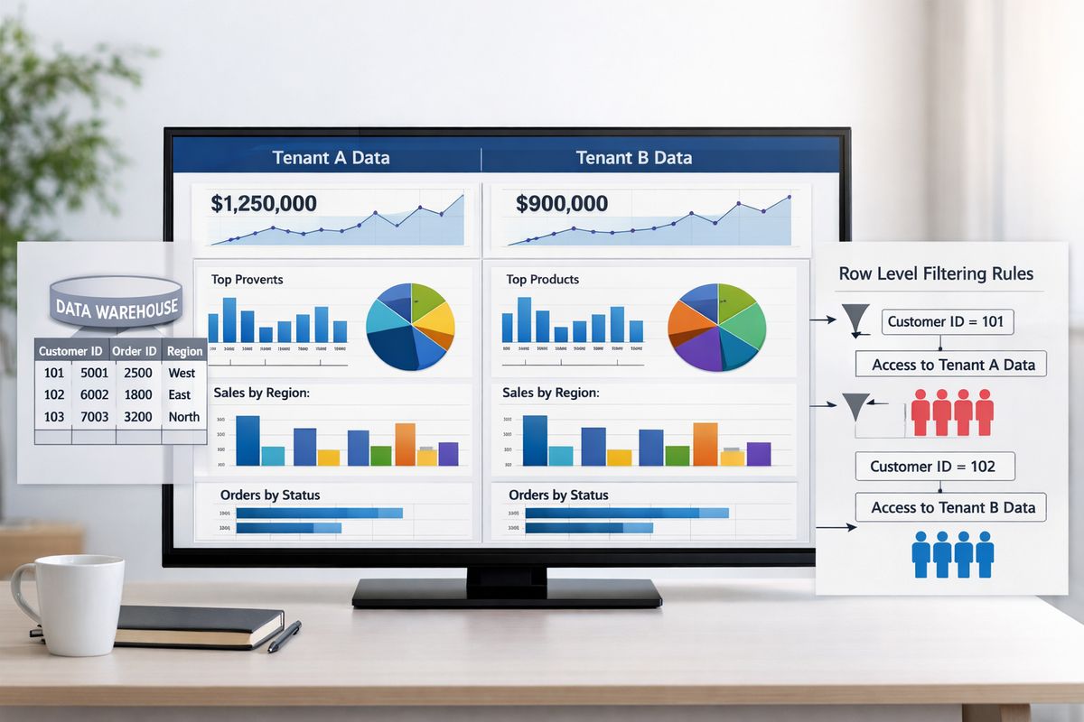 A shared analytics dashboard rendered on a large screen, with the same charts visible but different tenant data shown in two side-by-side views, while a data warehouse table and filtering rule diagram sit nearby to illustrate that access is controlled at the row level rather than by separate dashboard copies.