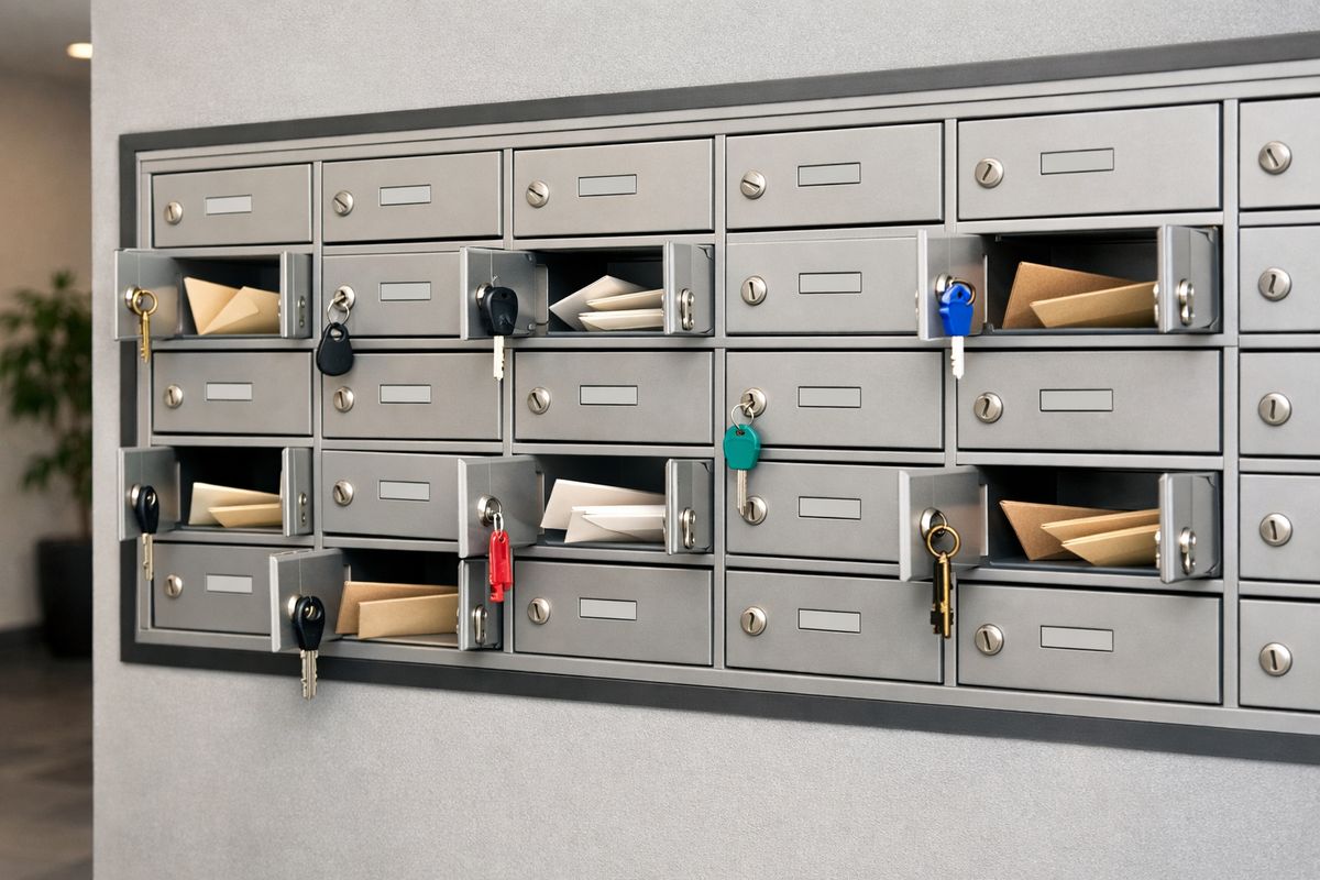 Who Sees What in Shared Dashboards? A Quick RLS Primer A shared apartment lobby with a wall of mailboxes, where each mailbox has a different key inserted or held nearby, and several small envelopes visible inside only the opened compartments
