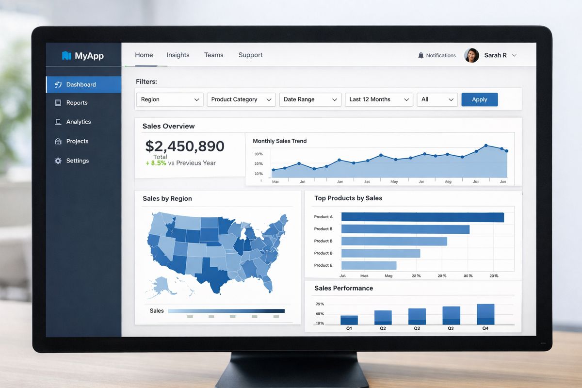 A web application page with a Tableau dashboard embedded directly inside a product interface, showing charts and filters in the same screen as a navigation sidebar and header, with the dashboard framed as part of the app rather than a separate tab