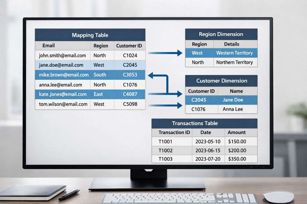 A clean database-style table on a screen with columns for email, region, and customer ID, alongside a separate transaction table, with arrows flowing from the mapping table into a customer or region dimension and only certain data rows shaded to show filtered access.