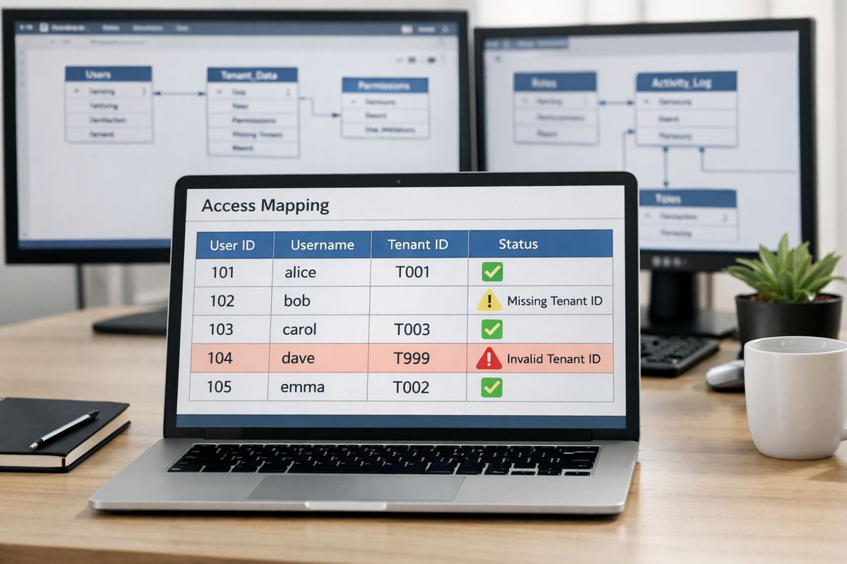 A data engineering workspace with several connected database tables and an access-mapping spreadsheet-style table linking user identities to tenant IDs, while a checklist and warning icons sit beside rows with missing or mismatched keys to show data being cleaned before security rules are applied