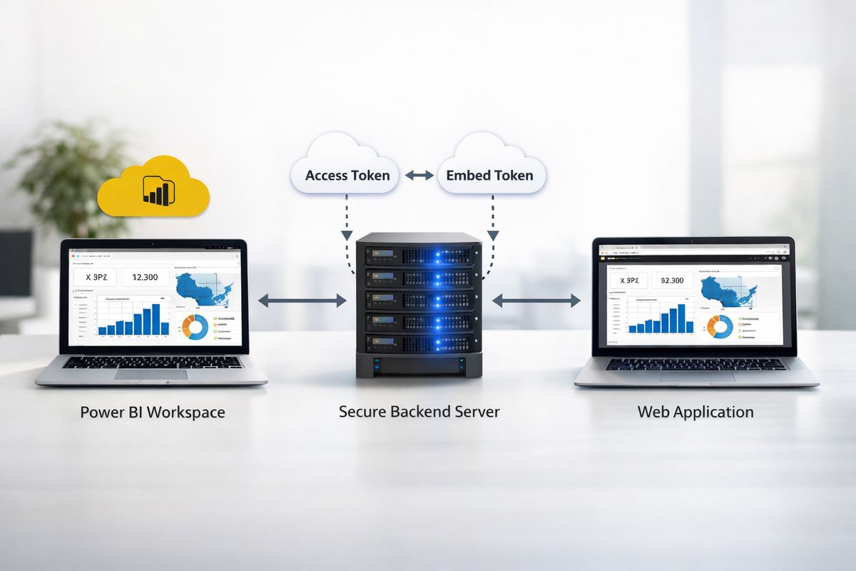 A workflow diagram-style scene with a Power BI report published in a workspace on one side, a secure backend server in the middle exchanging a short-lived access token and embed token with cloud services, and a web app on the other side rendering the embedded report inside a browser window
