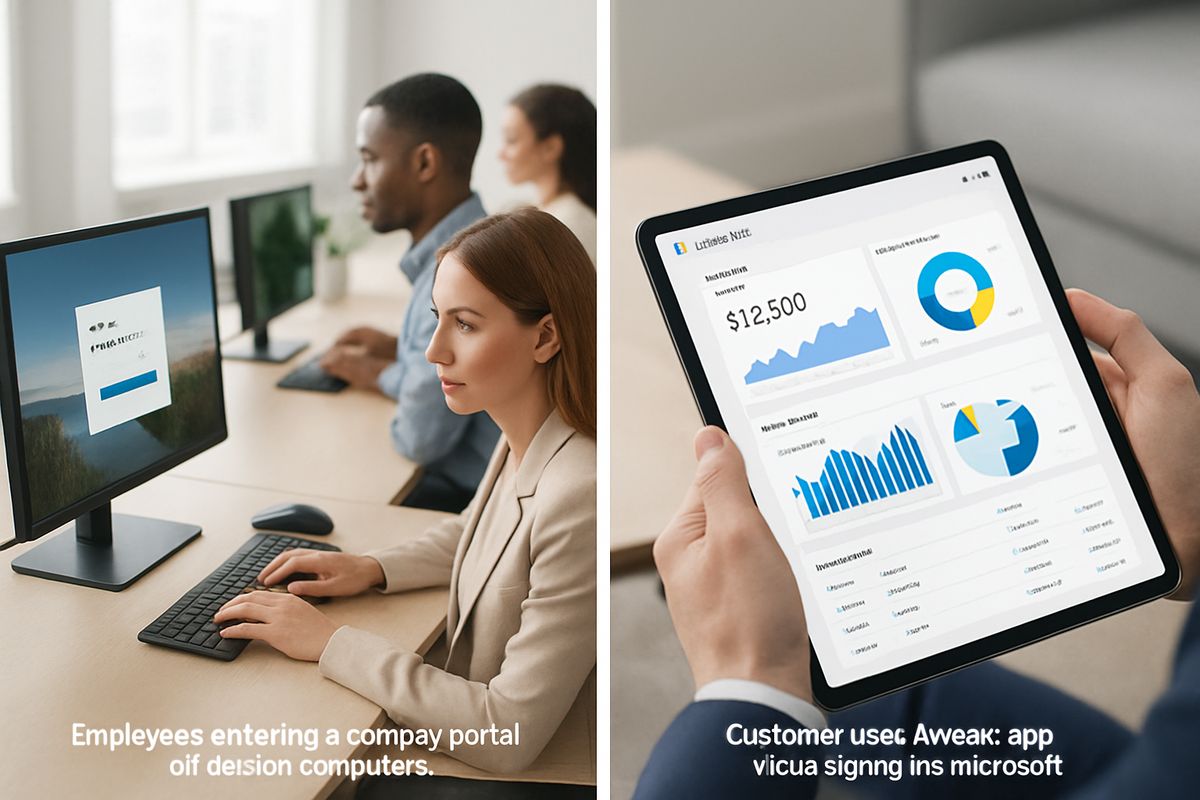 A split workspace scene showing employees entering a company portal on desktop computers in one room while, in another setting, a customer uses a web app on a tablet to view an embedded dashboard without signing into a Microsoft account