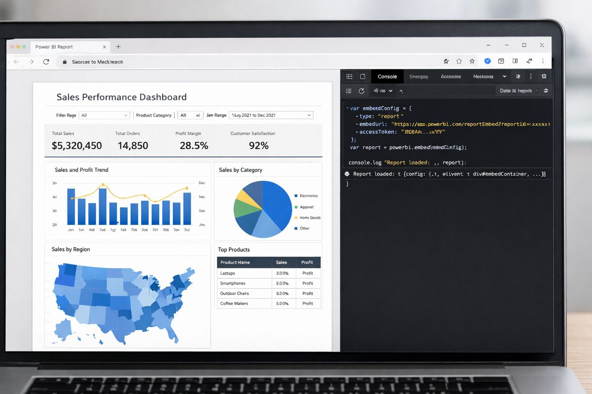 A Power BI report rendered inside a webpage container, with a report frame taking up most of the page and a developer tools panel open beside it showing a JavaScript embed call that has already created the report object