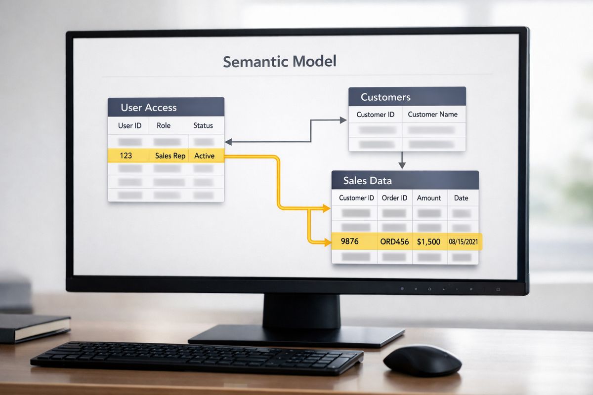 Power BI Row-Level Security Explained for Embedded Apps A semantic model diagram on a monitor showing a user access table connected by relationship lines to customer and sales data tables, with one highlighted row flowing through the model while other rows are visibly excluded