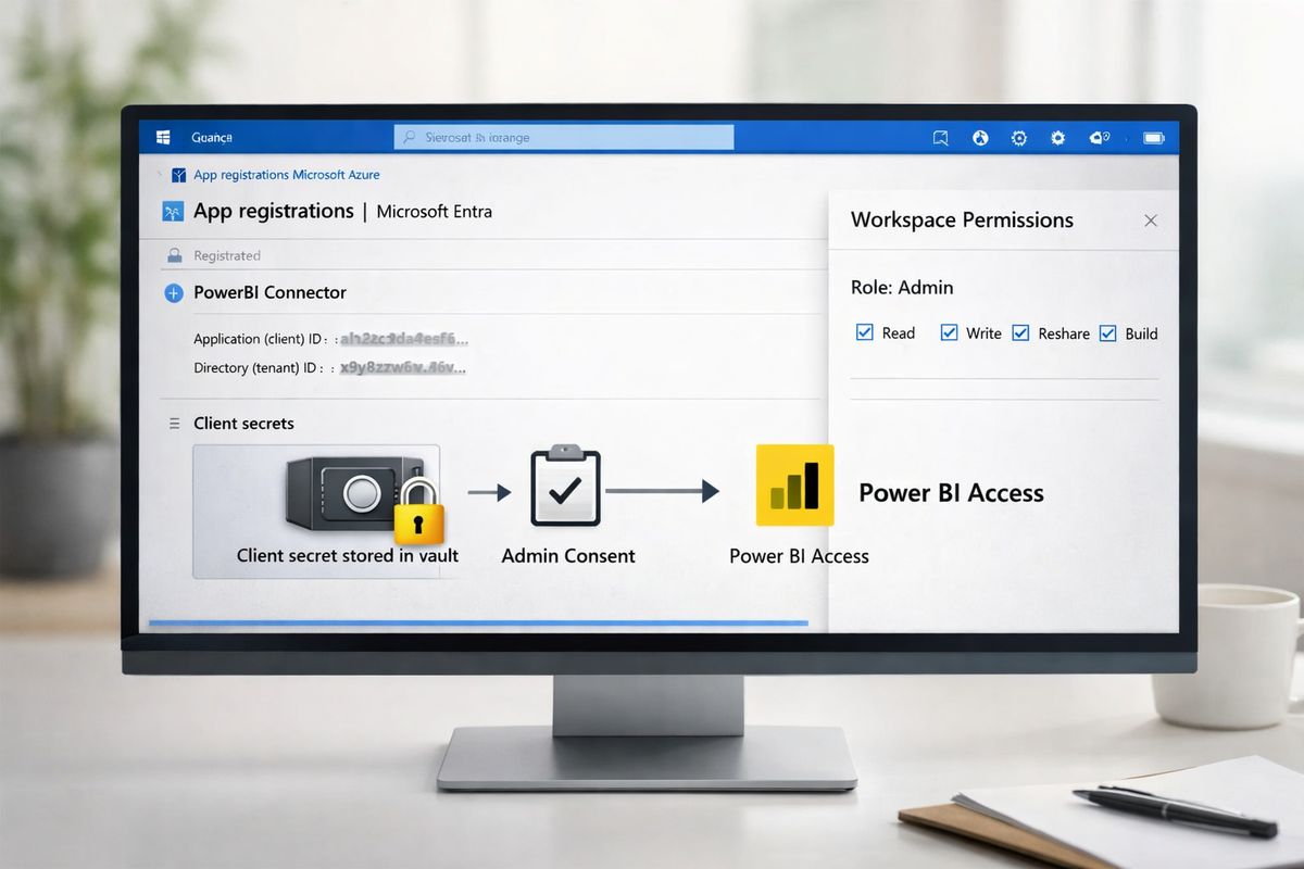 How to Embed a Power BI Report in Your Web App An Azure portal setup scene showing a Microsoft Entra app registration page beside a workspace permissions panel, with a client secret stored in a sealed vault icon and an admin consent approval flow connecting the app to Power BI access