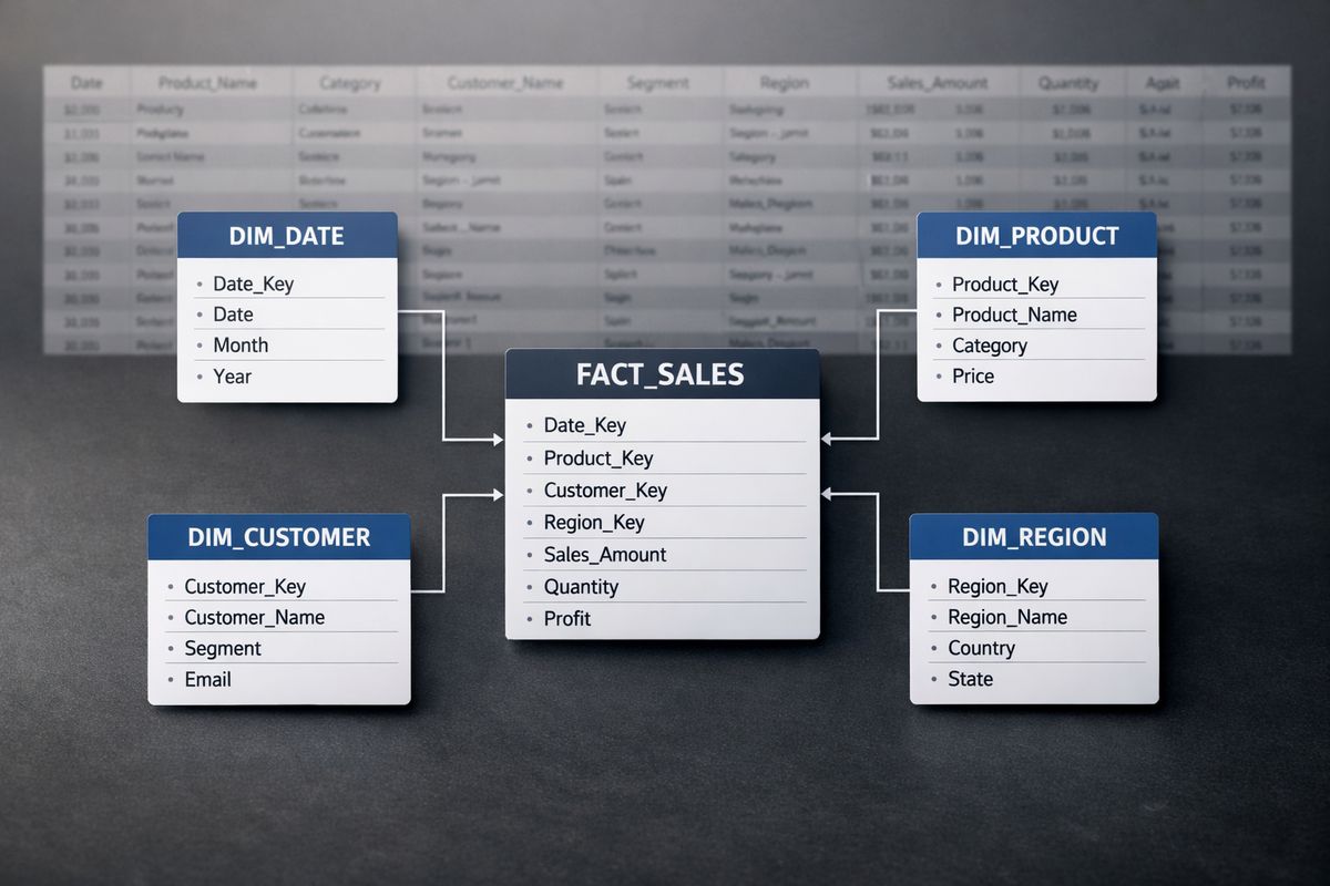 A clean star-schema diagram laid out on a dark canvas, with one large central fact table connected by straight lines to several smaller dimension tables for date, product, customer, and region, alongside a cluttered wide-table layout faded in the background for contrast