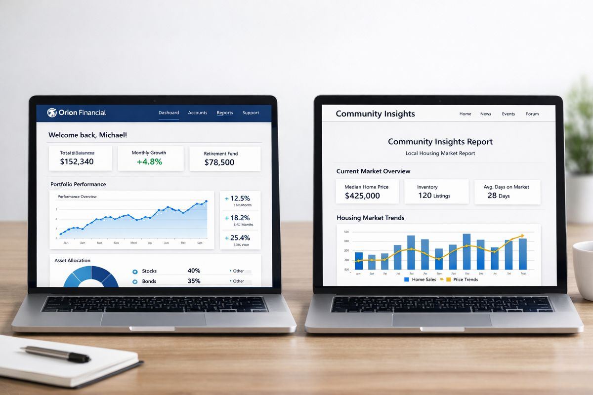Two side-by-side website mockups: one is a private customer portal showing a personalized account report inside a branded interface, and the other is a public community page with a widely visible report embedded in a simple webpage layout