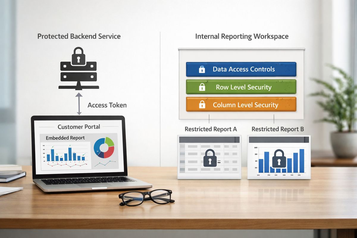 A locked analytics environment showing a protected backend service sending an access token to an embedded report inside a customer portal, alongside a separate internal reporting workspace with layered data access controls over rows and columns, represented by a model diagram and restricted report views