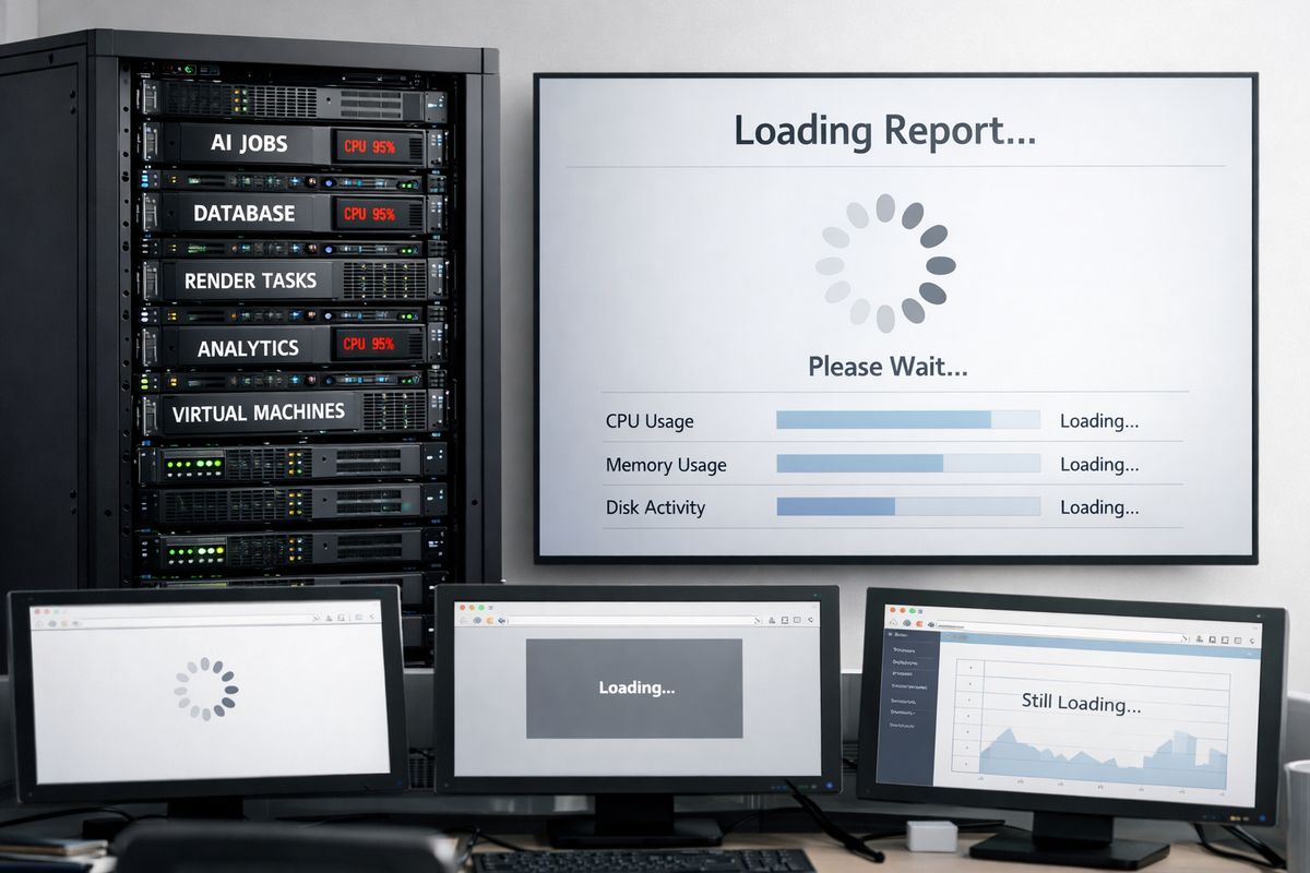 How External Users Break Power BI Embeds—and How to Stop It A server rack with multiple workloads competing for the same compute resources, alongside a loading report on a large display that is stuck spinning while several browser windows wait at different stages of rendering