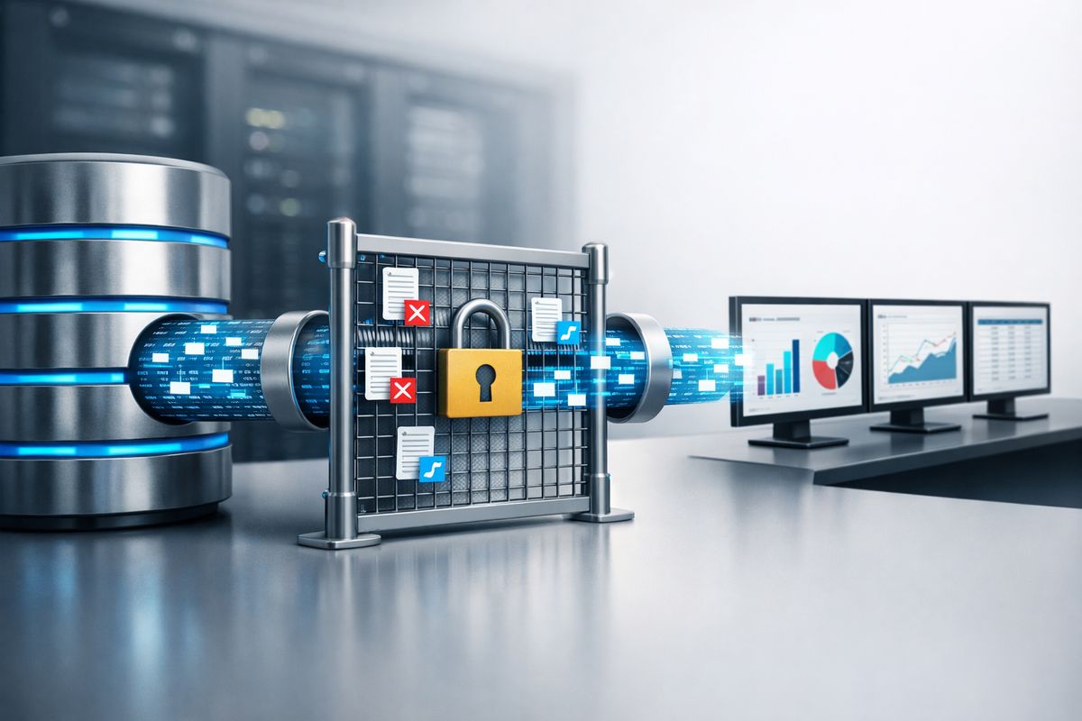 A secure server room scene with a database cylinder feeding data through a locked gate-like filter before the data flows into a reporting system, with some records visibly stopped at the gate and others passing through to the next pipeline.