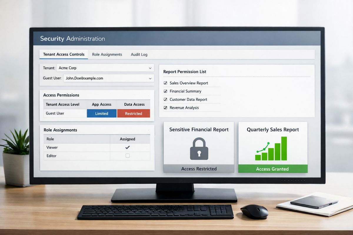 A security administration console on a large monitor showing tenant access controls and role assignments, with a separate panel for a report permission list and a locked report tile beside an unlocked one, illustrating which items are accessible to an invited guest.