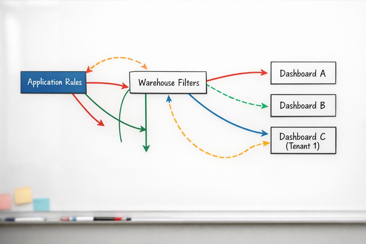 Centralized RLS for Embedded Analytics Teams A messy data access flow with several separate permission layers: one application rule box, one warehouse filter stage, and multiple dashboard access nodes all connected by mismatched arrows, with one tenant’s data path splitting inconsistently across the system to show how duplicated rules can drift and leak