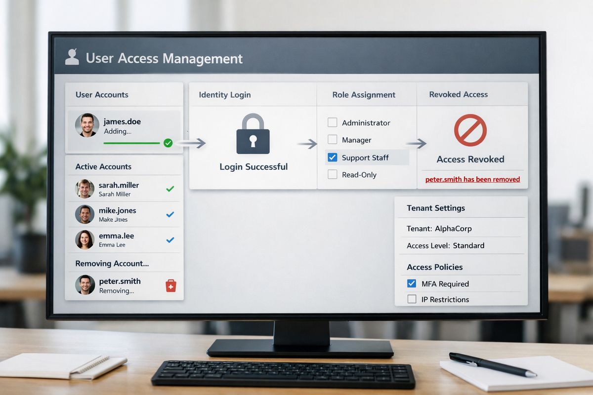 A secure user access management screen with account records being added and removed, role and tenant settings arranged in separate panels, and a clear visual flow from identity login to permission assignment to revoked access in a system administration interface