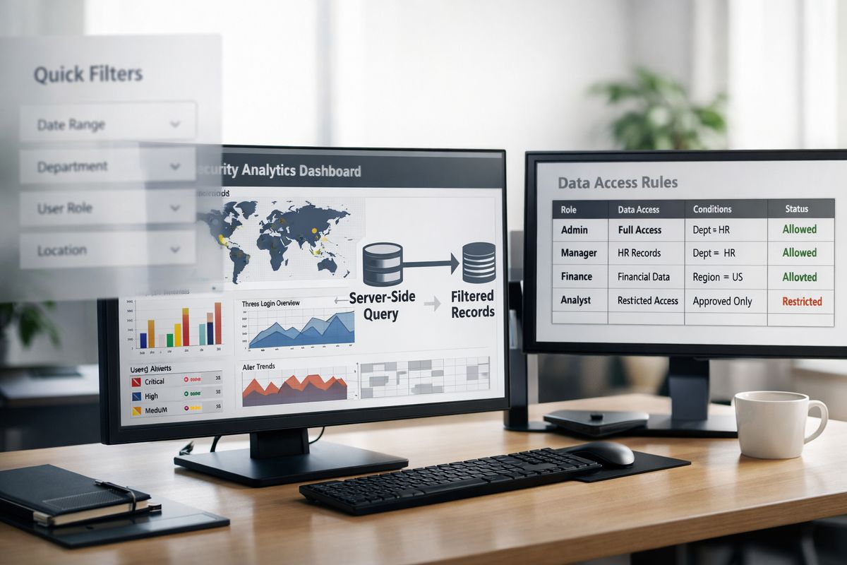 A security workflow scene with a shared analytics dashboard on one screen and a separate data access rule table on another, while a server-side query path feeds filtered records into the dashboard and a faded front-end filter panel is shown off to the side as an unsafe shortcut