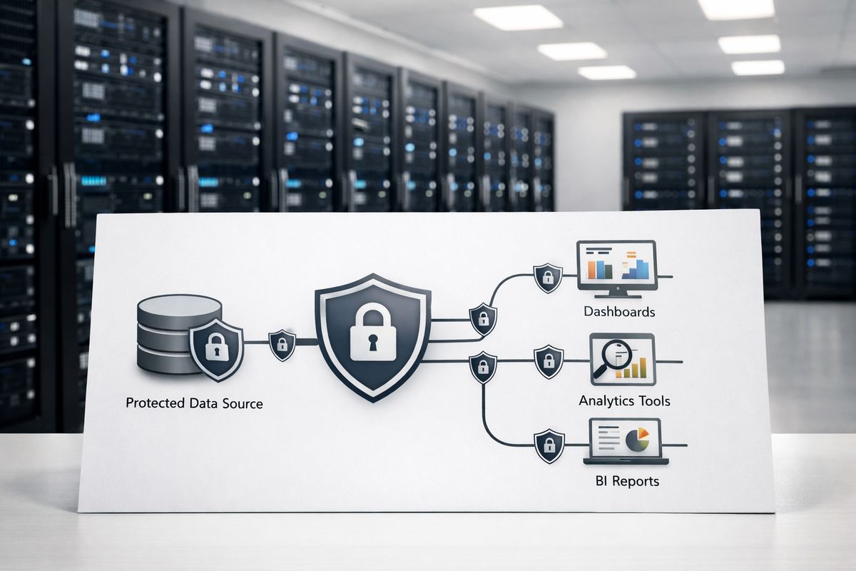 RLS Best Practices for External Users A secure warehouse setup with rows of server racks in the background and a large data pipeline diagram printed on paper in the foreground, showing one protected data source feeding multiple connected reporting tools through a locked gate icon and shielded connectors.
