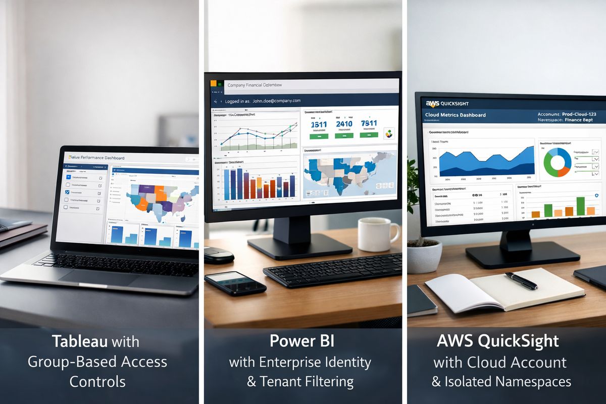 User Management for BI: What Teams Need A three-panel workspace scene with separate embedded analytics setups: one showing a Tableau-based dashboard with group-based access controls, one showing a Power BI report connected through enterprise identity and tenant-specific filtering, and one showing an AWS QuickSight dashboard linked to cloud account access and isolated namespaces.