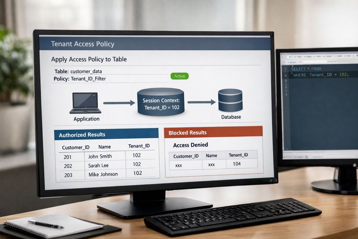 A database administration view showing a tenant access policy being applied to a table of customer records, with session context flowing from an application into the database and a comparison view of authorized versus blocked query results.