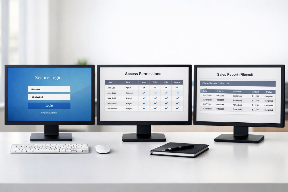 Who Sees What in Shared Dashboards? A Quick RLS Primer A three-step access workflow shown as a clean sequence of screens: a login page on one monitor, a permissions mapping table on another, and a filtered analytics report on a third monitor displaying only a narrow slice of records