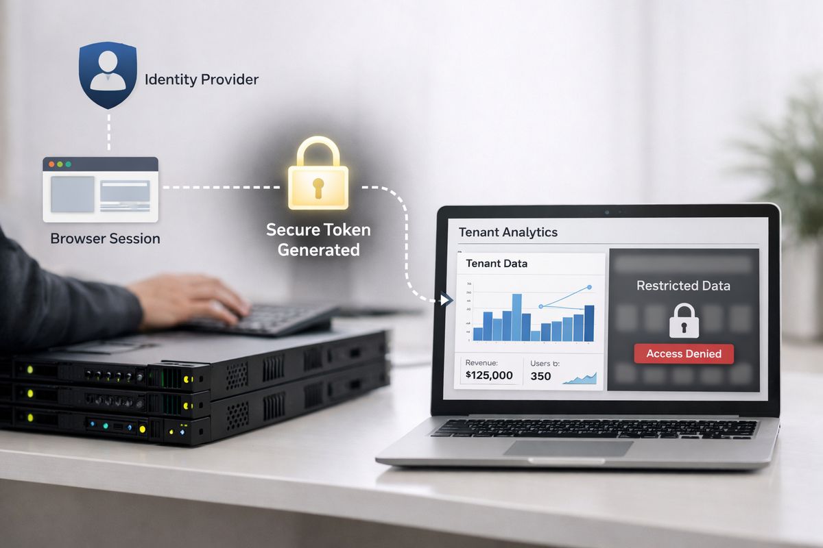 A backend server connected to an identity provider and a browser session, with a secure token being generated on the server and sent into an embedded analytics page that only reveals data for one tenant, while another restricted data set remains hidden