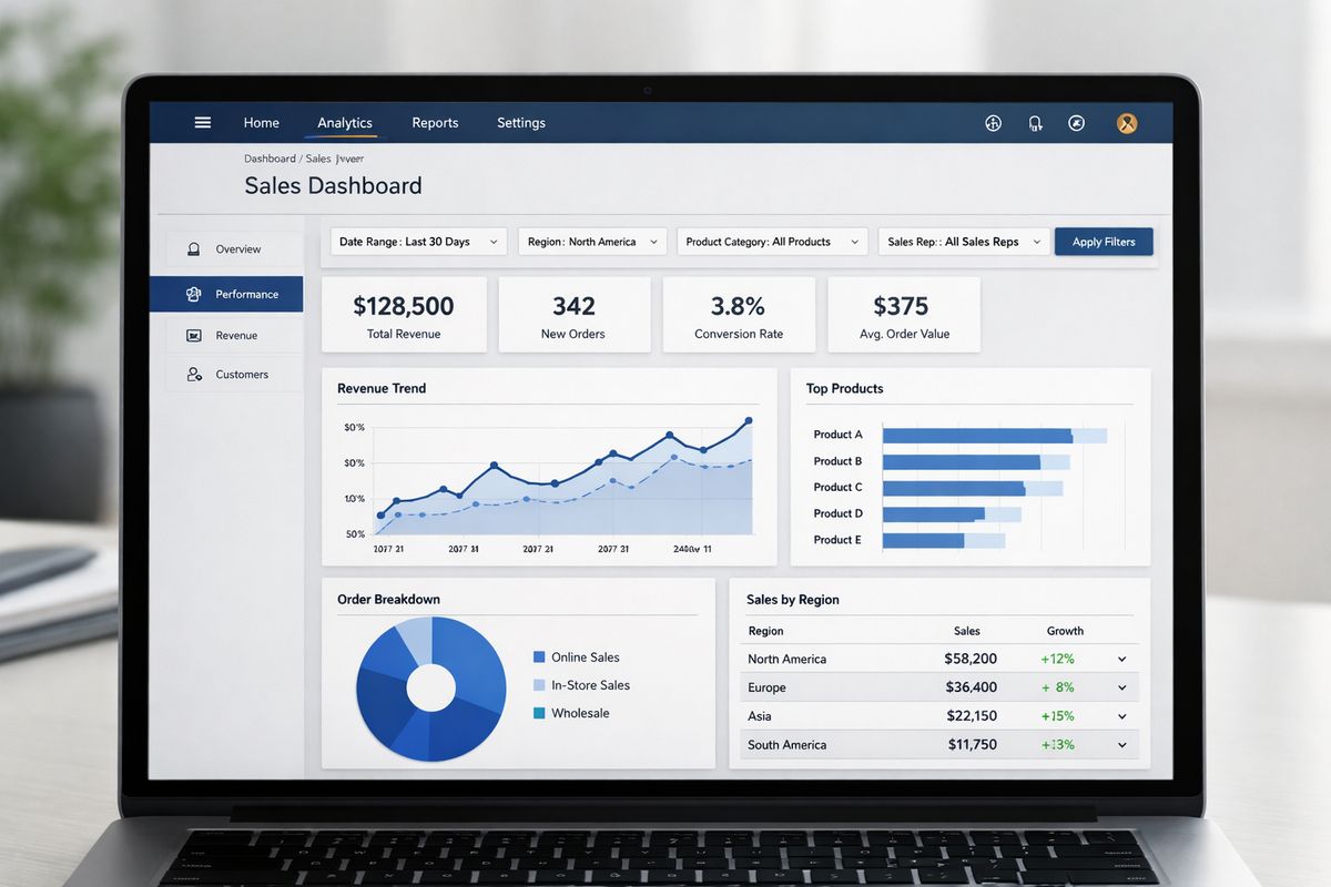 A customer-facing product page with an embedded analytics dashboard seamlessly integrated into the app layout, matching the surrounding interface colors and navigation, showing charts and filters that feel built into the product rather than framed in a separate tool