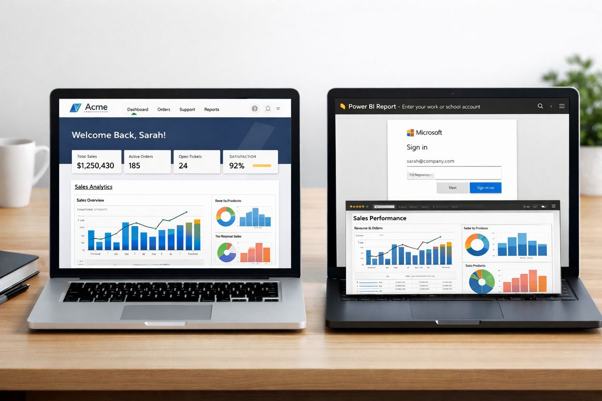 A branded customer portal with a seamlessly embedded analytics panel integrated into the site layout, shown next to a separate Microsoft-authenticated report experience that feels disconnected from the main application, emphasizing two different user journeys into the same data