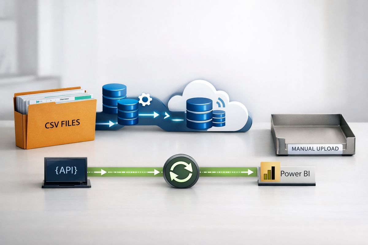 How External Users Break Power BI Embeds—and How to Stop It A data pipeline scene with a folder of CSV files beside an automated connector flow feeding a cloud data service, while one manual upload tray is left untouched and a refresh process runs from an API-linked source into a Power BI dataset