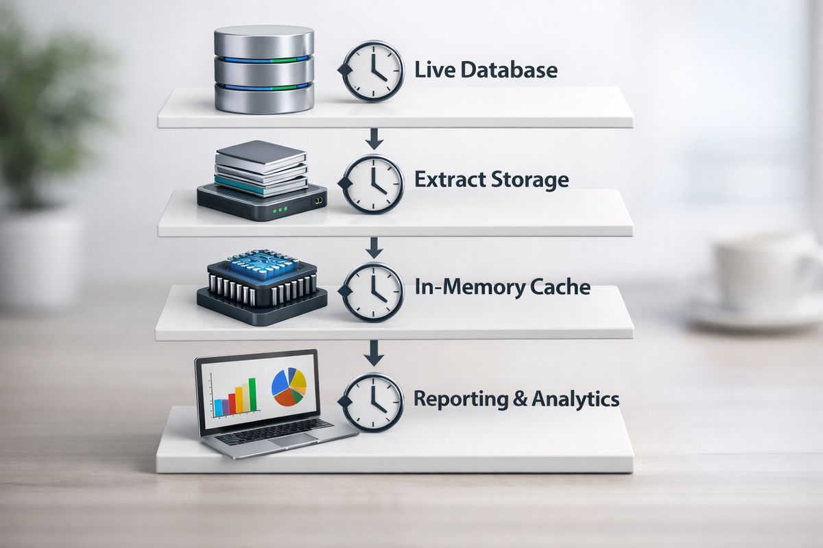RLS Best Practices for External Users A layered system illustration showing a live database feeding an extract storage layer, then a cached in-memory engine, then a reporting output layer, with clock icons and refresh arrows between each layer to show delayed data updates and synchronized snapshots.