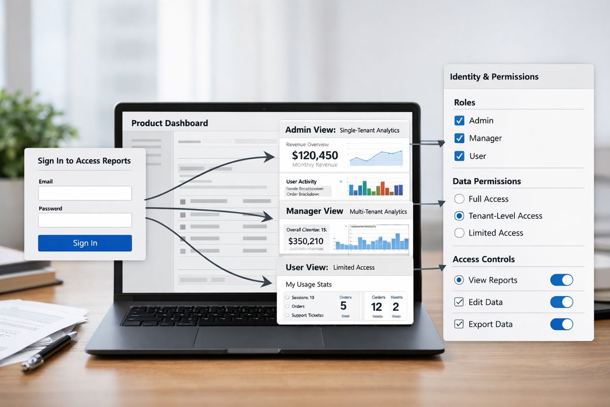 An embedded analytics interface inside a customer product page, showing one sign-in flow feeding into a secure report view with different data scopes for a single-tenant admin, a multi-tenant manager, and a limited user, alongside a backend identity and permissions panel connected to the embedded report.