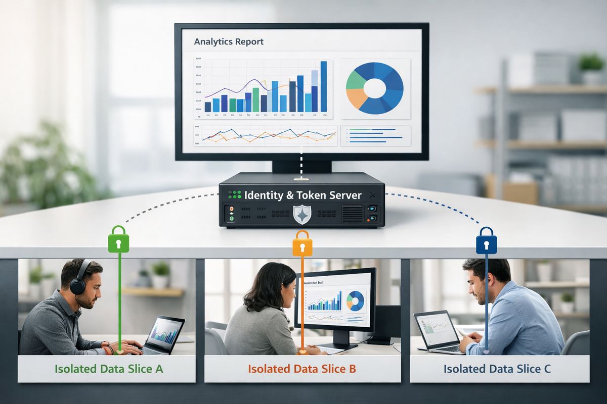 A secure multi-tenant reporting scene showing one analytics report being served to three separate customer accounts, each routed through different access paths into isolated data slices, with a central identity and token-handling server controlling who can see each customer’s filtered report