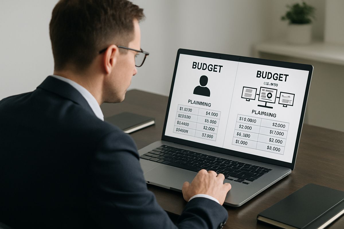 A finance or IT manager at a desk comparing two budget sheets on a laptop, with one side showing individual employee planning and the other showing a shared server-like capacity setup represented by multiple monitors and a grouped dashboard