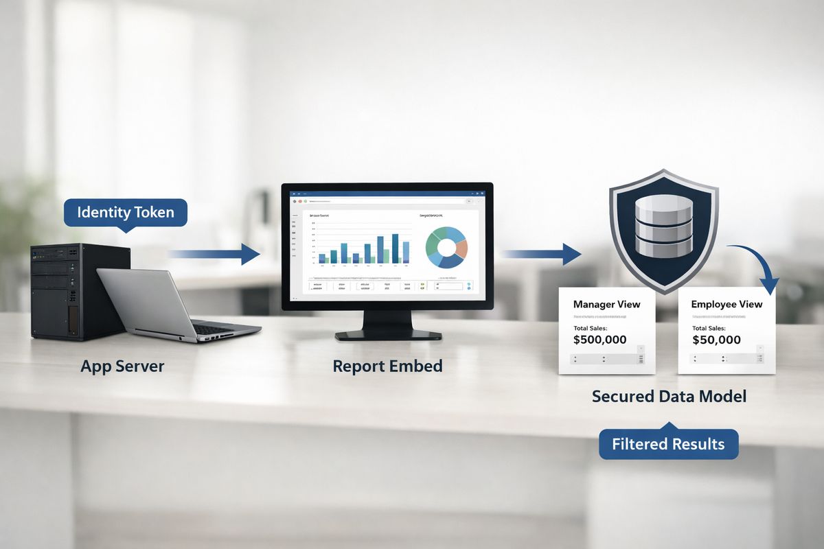 Power BI Row-Level Security Explained for Embedded Apps A software integration workflow showing a web app sending an identity token to an embedded report service, with arrows moving from an app server to a report embed frame and then into a secured data model that returns different results for different user contexts